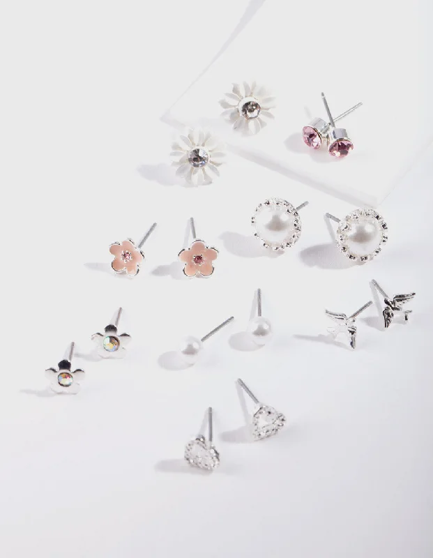 Chic Cuff Earrings-Silver Flower Pearl Earring 8-Pack