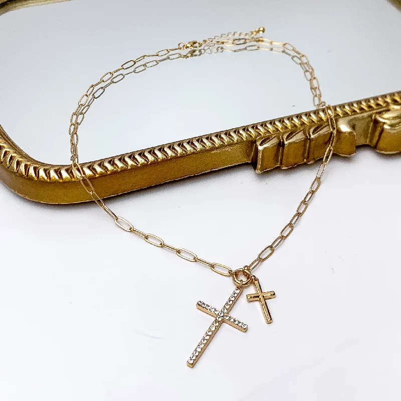 Romantic Gold Necklace-Gold Tone Double Cross Chain Necklace With Clear Crystals