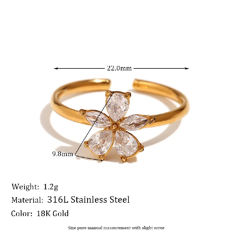 Zircon Five Petal Flower Open Ring-Golden-White Zirconium