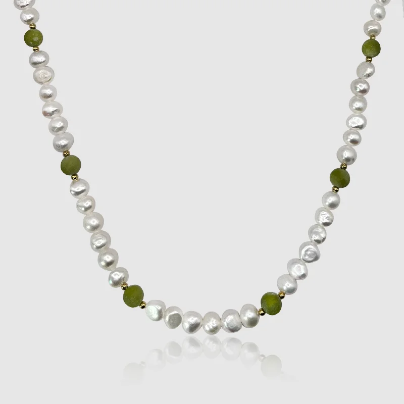 Simple Gold Necklace-Forest Green - Real Pearl Necklace