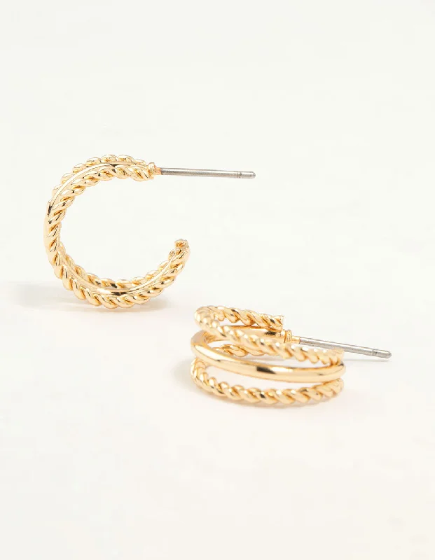 Fun Statement Earrings-Gold Twisted and Plain Triple Huggie Earrings