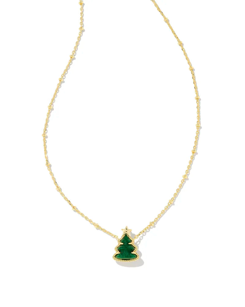 Gold Chain Necklace-Kendra Scott | Holiday Christmas Tree Gold Short Pendant Necklace in Green Quartzite