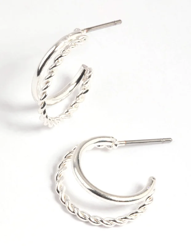 Cute Pearl Earrings-Silver Twisted Huggie Hoop Earrings