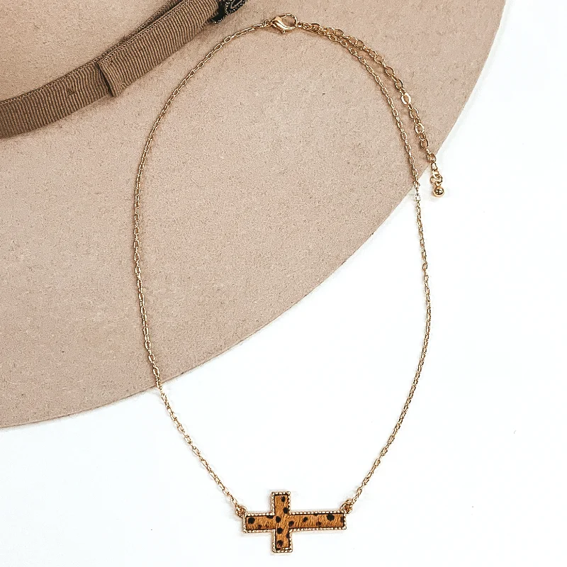 Multi-Layer Beaded Necklace-Gold Paperclip Chain Necklace with Cross Pendant in Brown Dotted Print