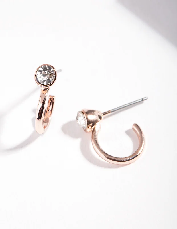 Trendy Ear Hoops-Rose Gold Half Hoop Single Diamante Earrings