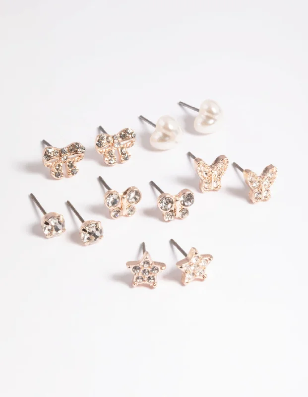 Geometric Hoop Earrings-Kids Rose Gold Diamante Butterfly Stud 6-Pack