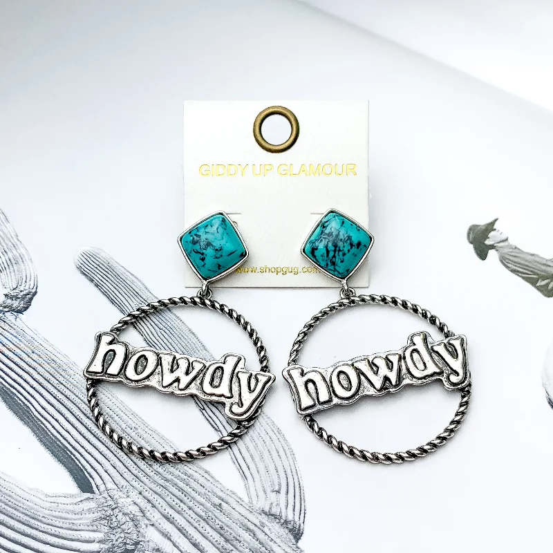 Silver Infinity Pendant Necklace-Square Faux Turquoise Post Back Earrings with Howdy Silver Tone Hoop