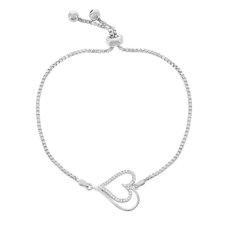 Men’s Charm Bracelet-Sterling Silver Center Open CZ Heart and Beads Box Chain Bracelet