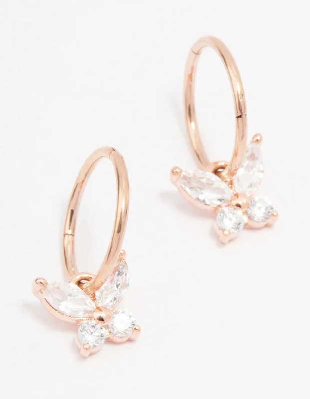 Cute Animal Earrings-Rose Gold Plated Surgical Steel Butterfly Sleeper Hoop Earrings