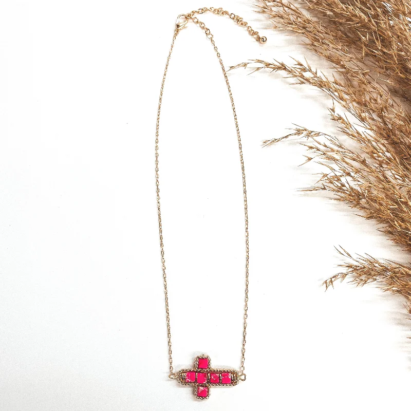 Double Layer Crystal Necklace-Gold Chain Necklace with Semi-Precious Stone Cross Pendant in Fuchsia Pink