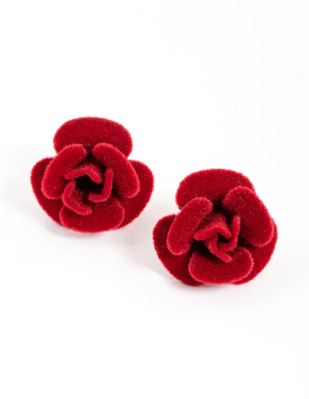 Luxury Chandelier Earrings-Red Fabric Velvet Rose Stud Earrings