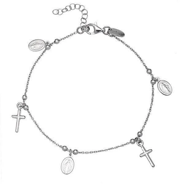 Personalized Heart Bracelet-Sterling Silver Cross and Medal Charm Bracelet, 7"