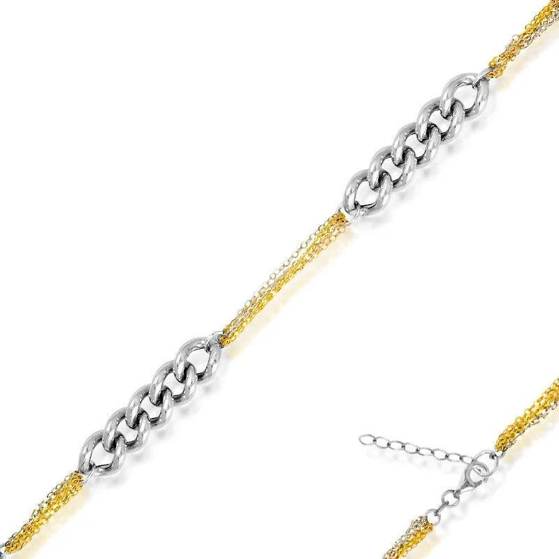 Silver Beaded Bracelet-Sterling Silver Curb Link with Tri-Color Chain Bracelet, 7"