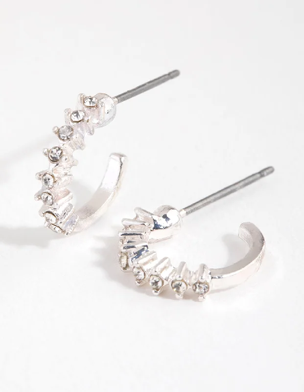 Long Dangle Earrings-Silver Micro Diamante Hoop Earrings