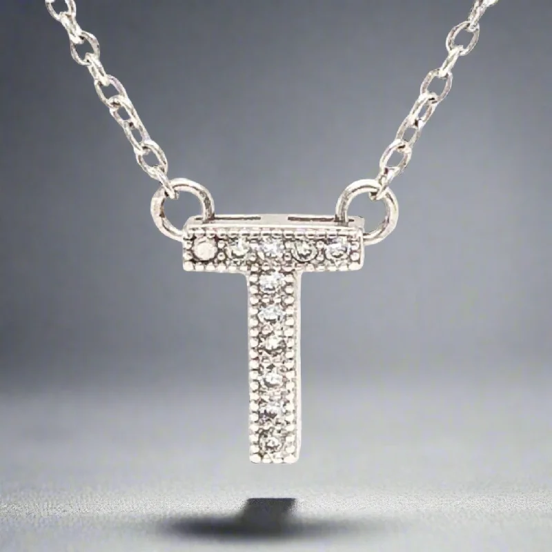 Dainty Pendant Necklace-SS Initial "T" CZ Necklace