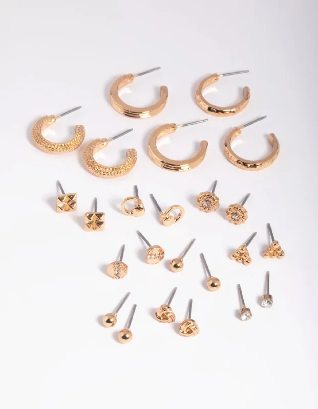 Stylish Drop Earrings-Gold Textured Stud & Hoop Earring 12-Pack