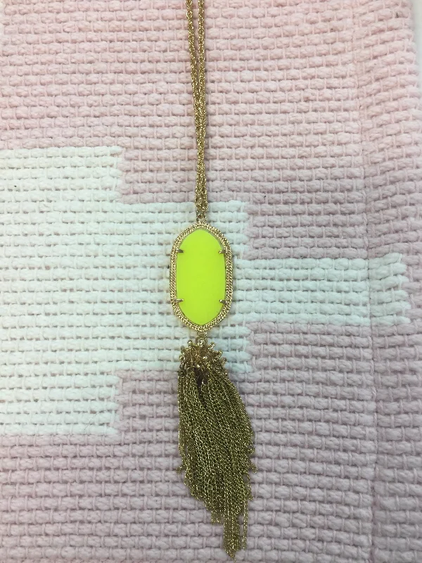 Minimalist Pendant Necklace-Gold Chain Necklace with Neon Yellow Oval Pendant and Chain Tassel