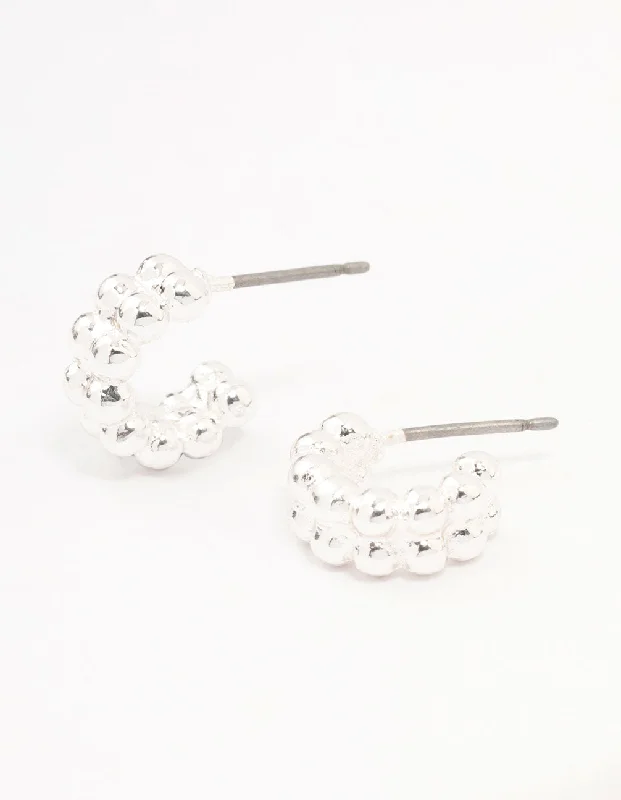 Glamour Diamond Earrings-Silver Double Row Ball Huggie Earrings