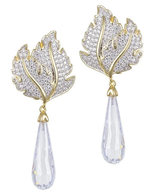 Bold Statement Earrings-Pave Leaf Drop Earrings