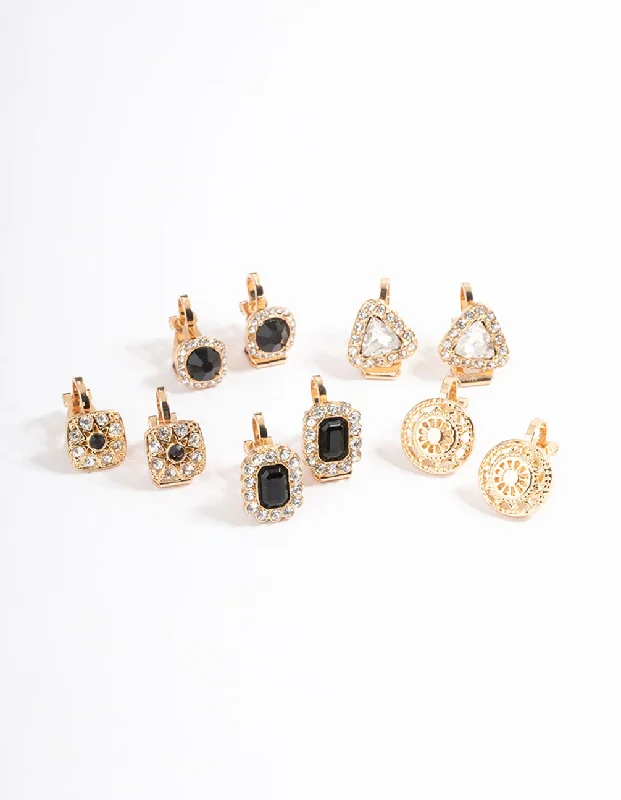 Fashionable Chandelier Earrings-Gold Multi Stone 5-Pack Clip Earrings