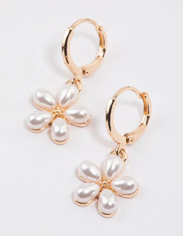 Elegant Drop Earrings-Gold Pearl Flower Huggie Earrings