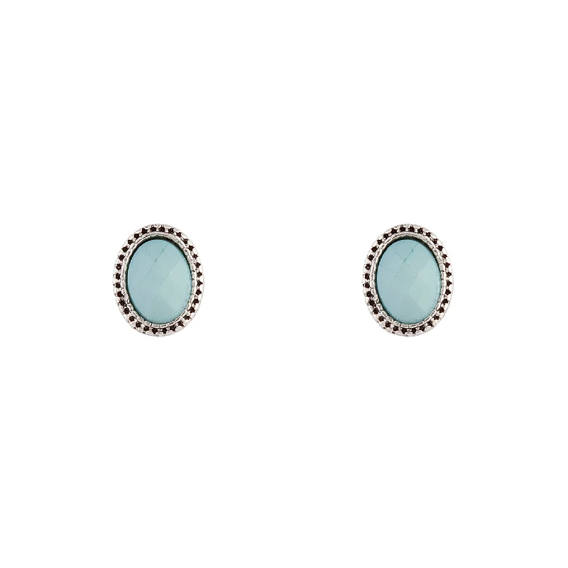 Simple Silver Drop Earrings-Antique Silver Blue Oval Stud Earrings