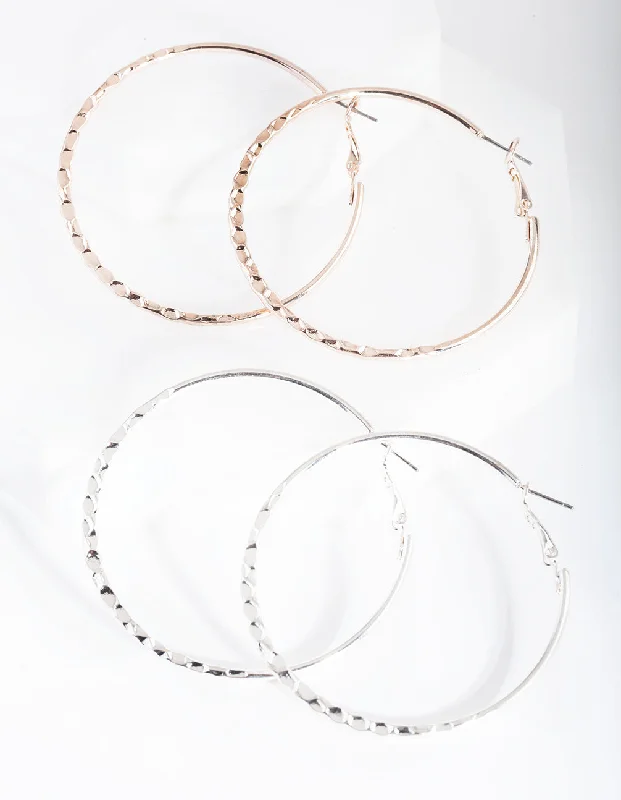 Geometric Hoop Earrings-Mixed Metal Textured Hoop Earring Pack