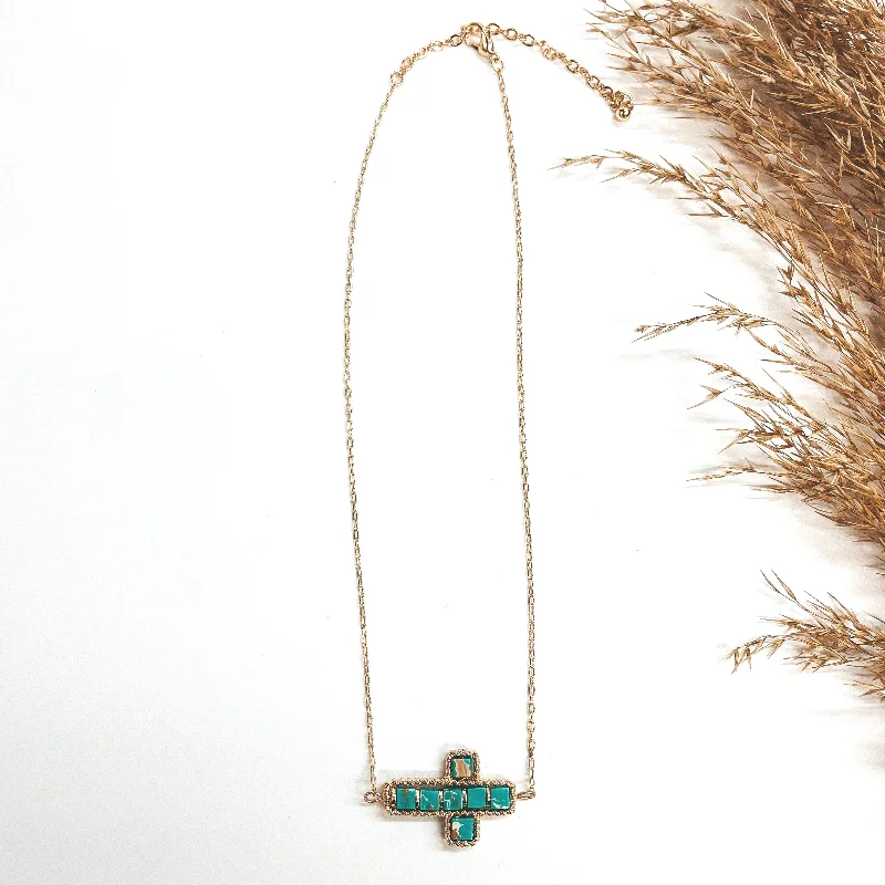 Modern Heart Necklace-Gold Chain Necklace with Semi-Precious Stone Cross Pendant in Turquoise