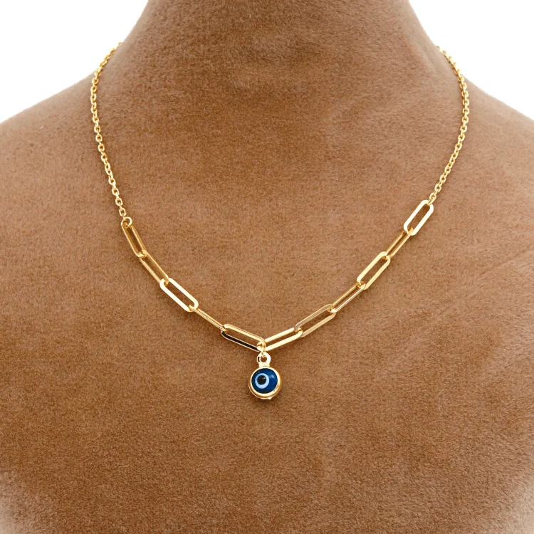 Fashionable Long Necklace-Real Gold Paper Clip Chain Evil Eye Dangler Charms Necklace (40 CM) 1448 N1448