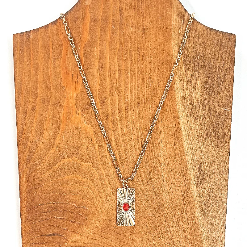 Designer Necklace-Convince Me Gold Necklace with Sunburst Rectangle Pendant and Small Stone in Red