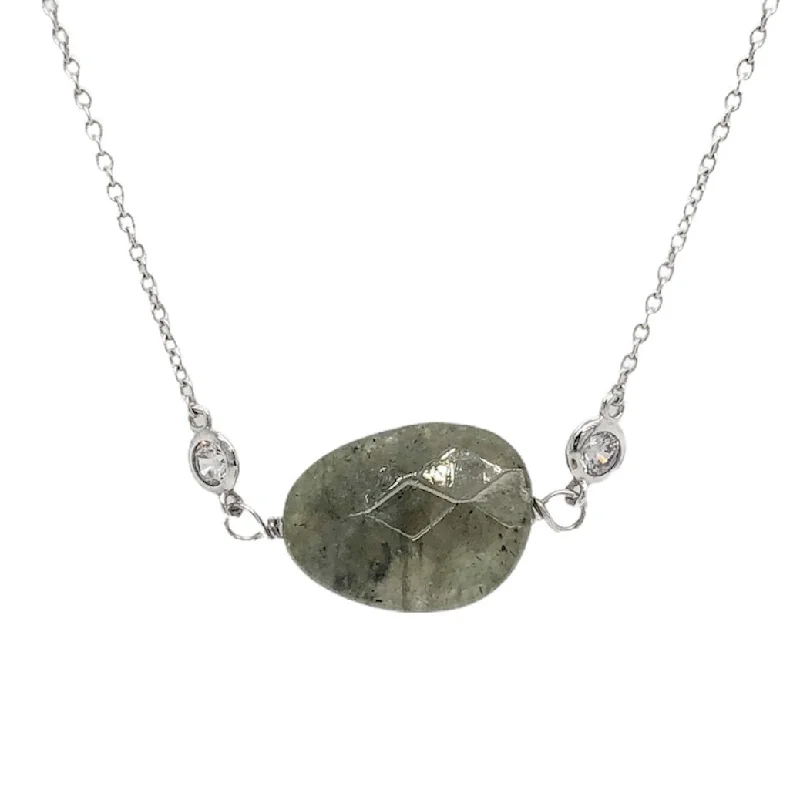 Black Pendant Necklace-SS Green Labradorite & CZ Necklace