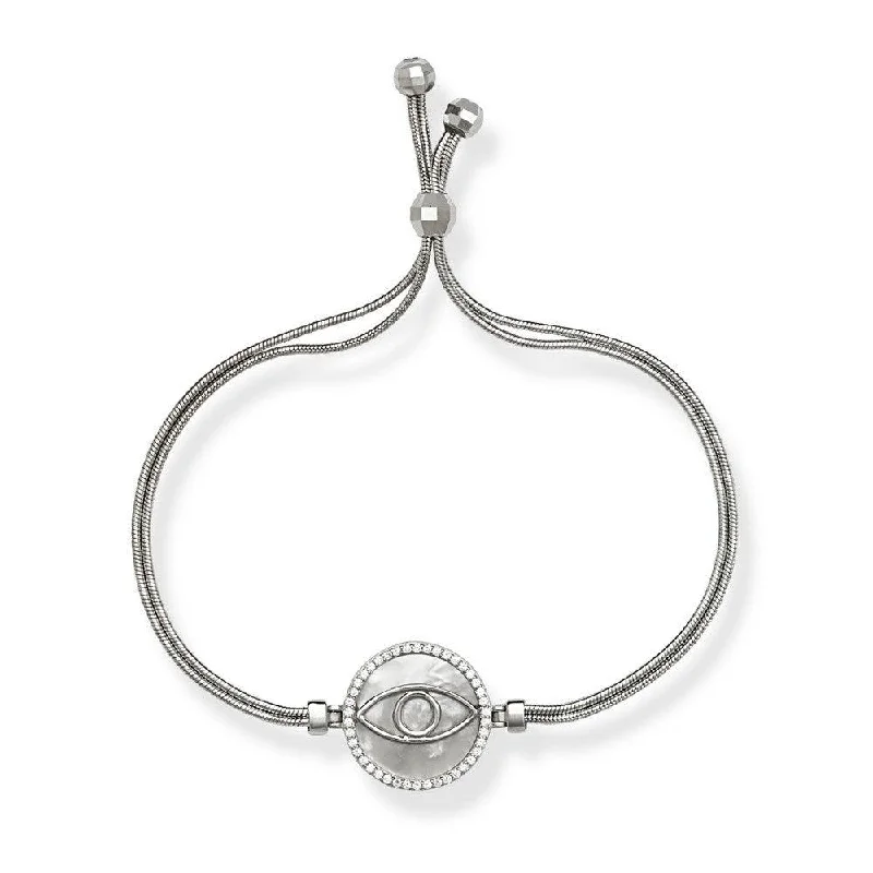 Simple Gemstone Cuff Bracelet-Silver Snake Chain White MOP with Center CZ Evil Eye Bracelet