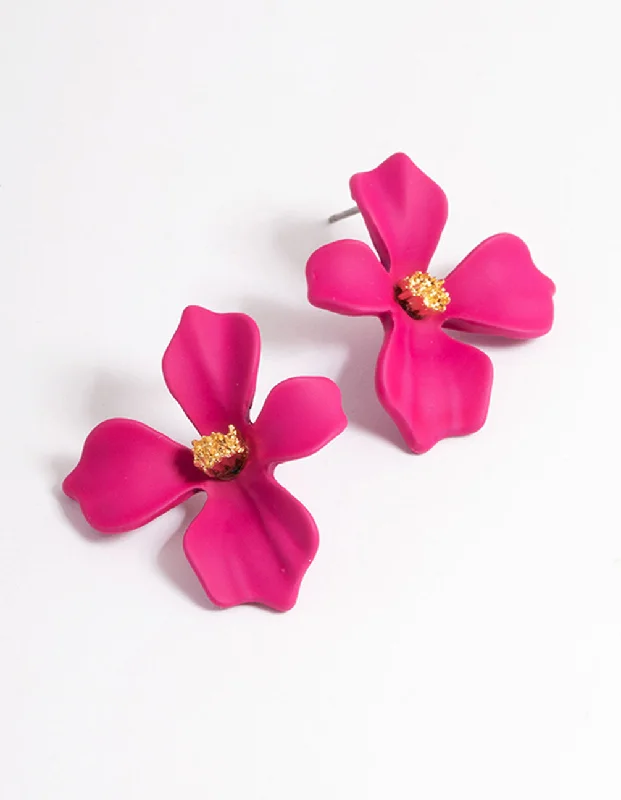 Double Hoop Earrings-Maroon Matte Flower Stud Earrings