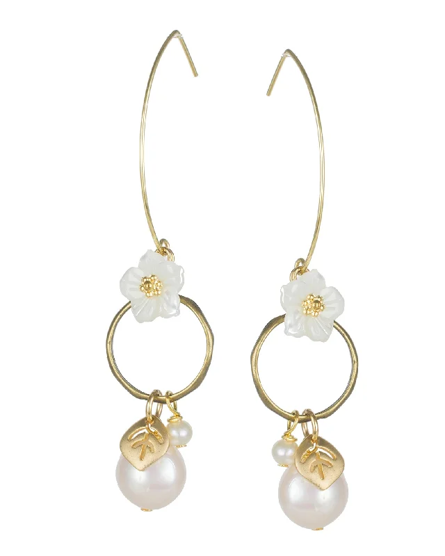 Chunky Gold Earrings-Pearl and Leaf Drop Earrings