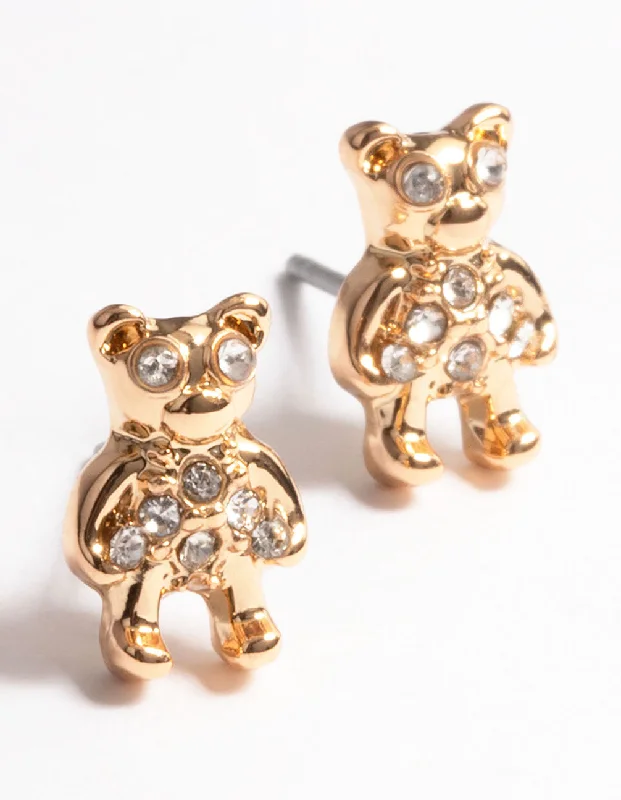 Casual Hoop Earrings-Gold Diamante Teddy Stud Earrings