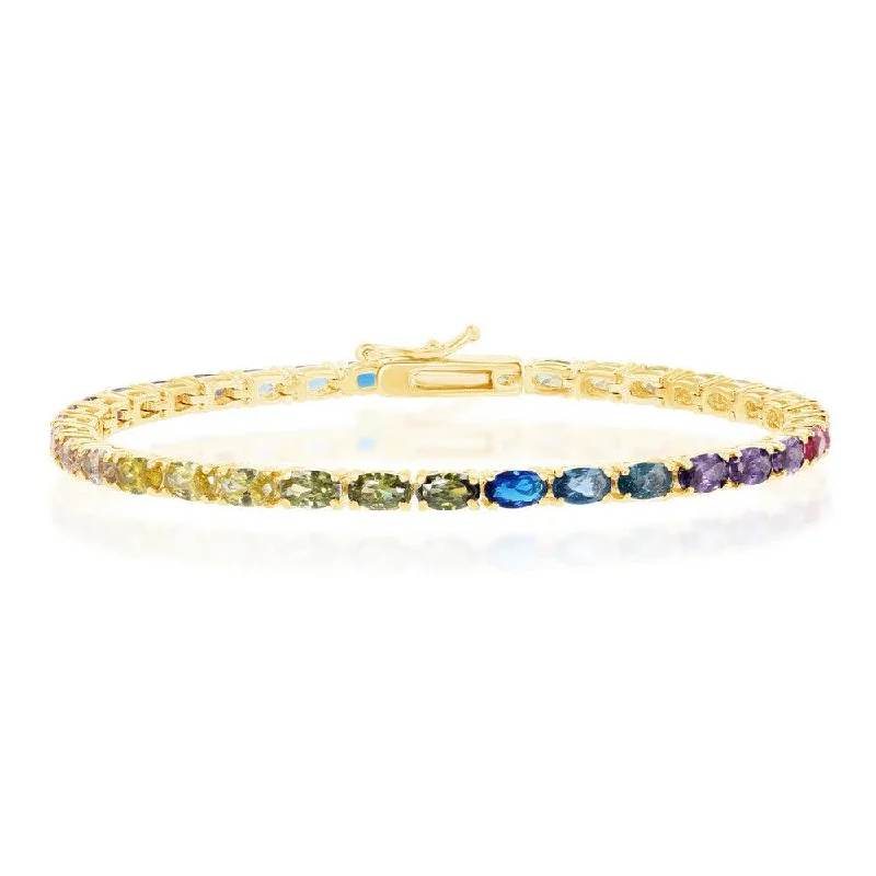 Multi-Layer Silver Bracelet-Sterling Silver Gold Plated Oval Rainbow CZ Tennis Bracelet