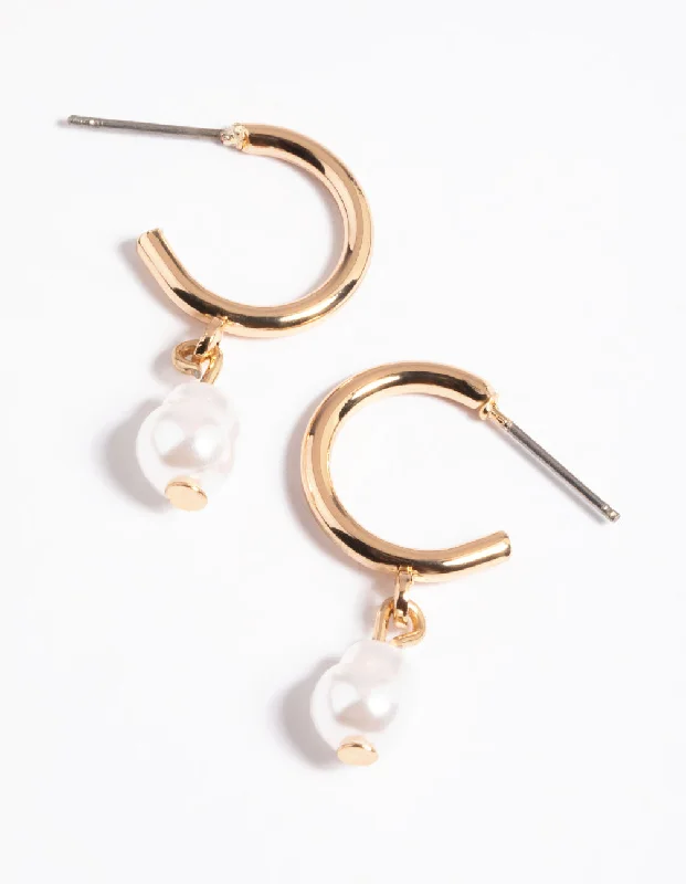 Elegant Swarovski Earrings-Gold Pearl Drop Huggie Earrings