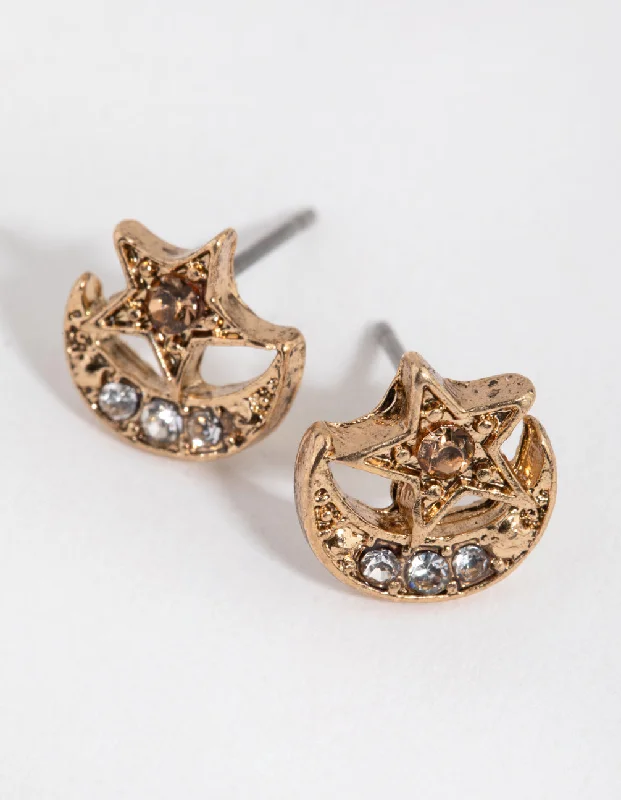 Diamond Stud Earrings-Antique Gold Star in Crescent Stud Earrings