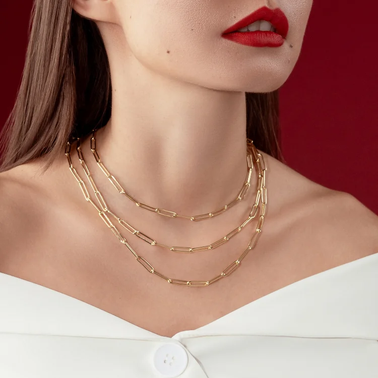 Modern Silver Necklace-Real Gold Long Round Paper Clip Chain Necklace Link Length 1.7 C.M 9482 (45 C.M) CH1233