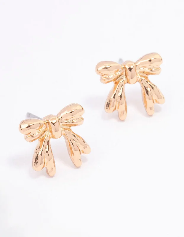 Elegant Gold Earrings-Gold Decorative Bow Stud Earrings