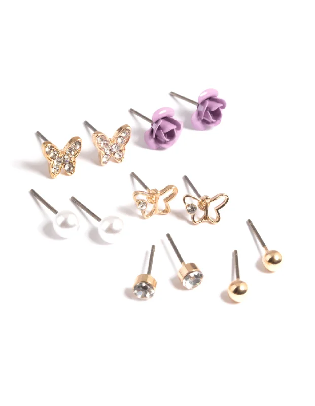 Rhinestone Earrings-Kids Purple Pave Butterfly 6-Pack Stud Earrings