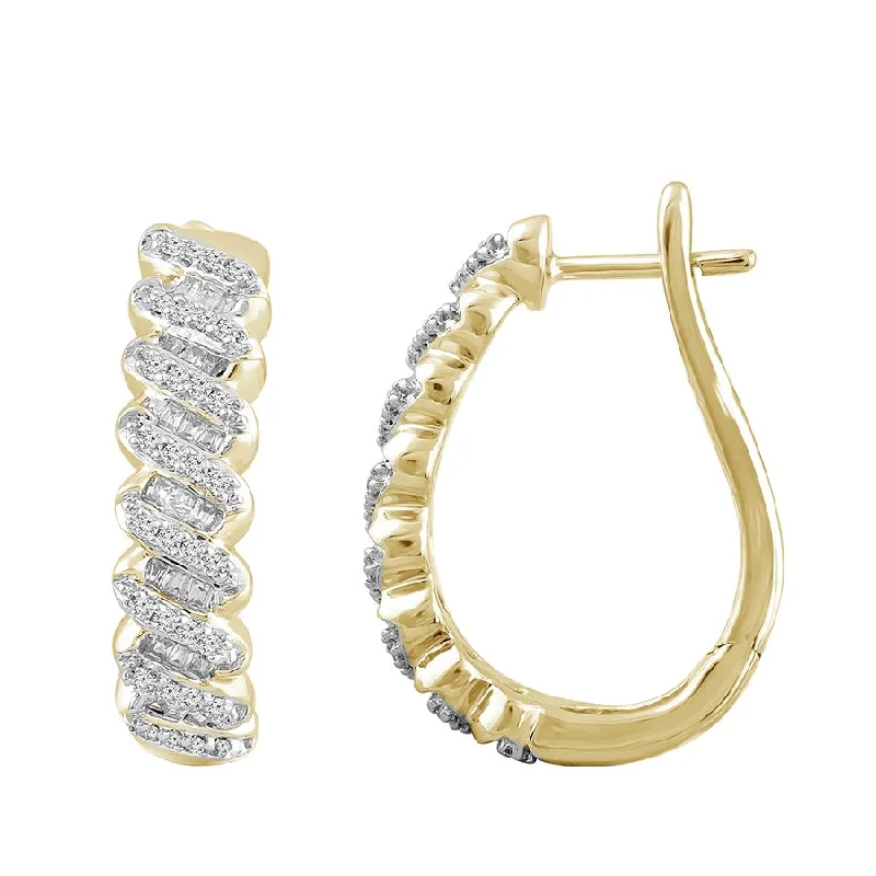 Double Drop Earrings-LADIES HOOPS EARRINGS 0.50CT ROUND/BAGUETTE DIAMOND 10K YELLOW GOLD