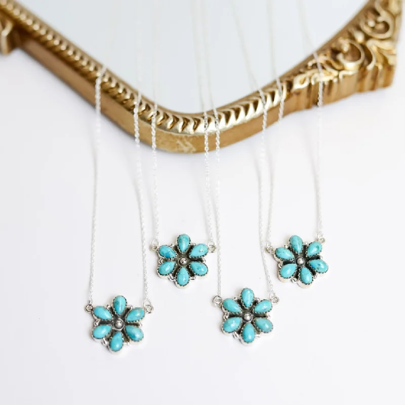 Elegant Long Crystal Necklace-Hada Collection | Handmade Small Sterling Silver Chain Necklace with Kingman Turquoise Flower Cluster Pendant