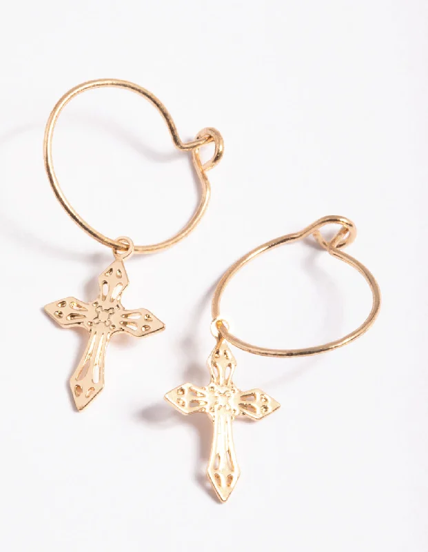 Crystal Hoop Earrings-Gold Filigree Cross Hoop Earrings