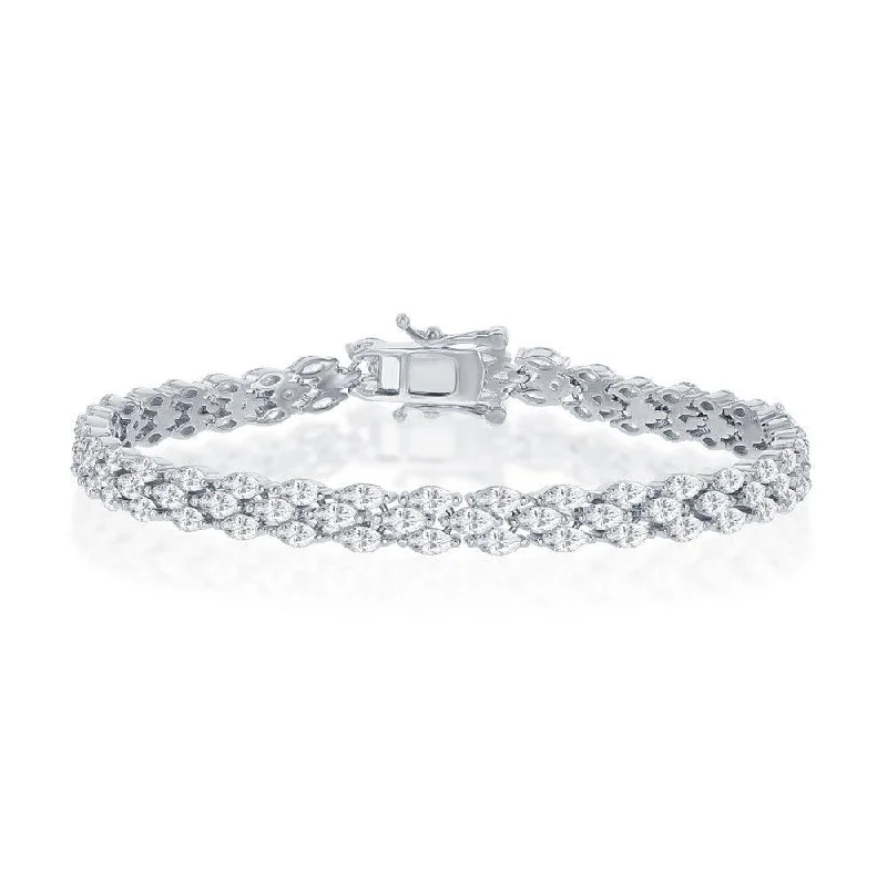 Simple Gemstone Bangle-Sterling Silver Triple Row Marquise-Shaped CZ Bracelet, 7.5"