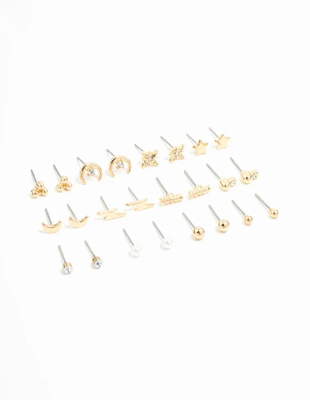 Retro Earrings-Gold Moon & Star Stud Earrings 12-Pack