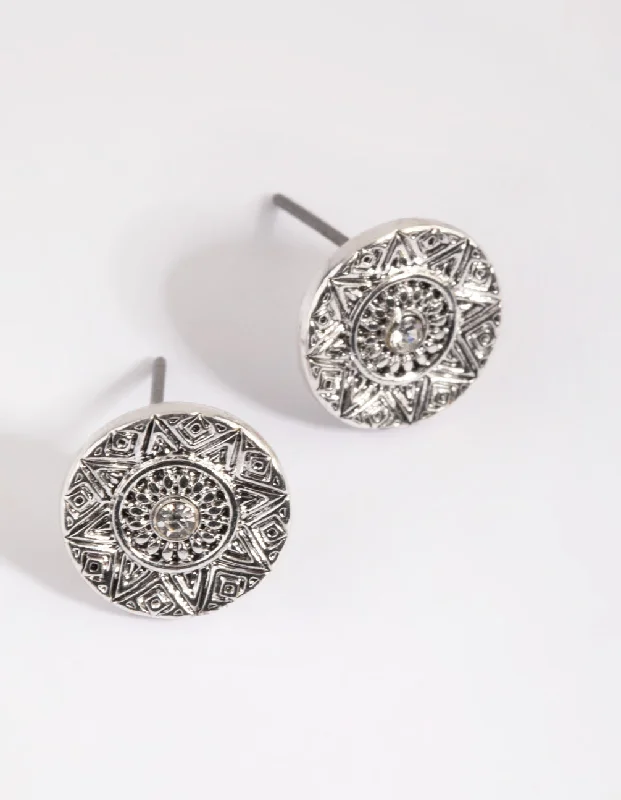 Flower Earrings-Antique Silver Etched Stud Earrings