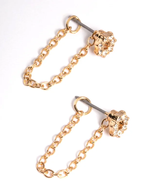 Large Dangle Earrings-Gold Flower Chain Front & Back Earrings