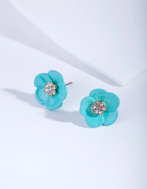 Silver Hoop Earrings-Teal Flower Diamante Stud Earrings