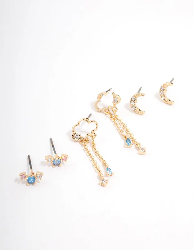 Big Statement Earrings-Gold Cubic Zirconia Moon & Star Mixed Earring 3-Pack